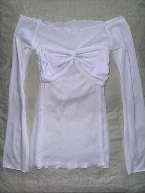 Off-Shoulder Twist Front Long Sleeve Top - White